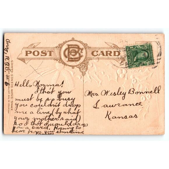 Vintage 1910 Christmas Postcard Holly & Church Snow Scene Embossed - Picture 2 of 2